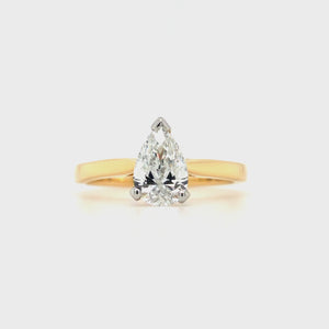 
                
                    Load and play video in Gallery viewer, 18ct yellow gold and platinum pear-cut diamond solitaire engagement ring, 0.90ct G colour, GIA certified, featuring tapered yellow gold band and platinum claw setting on a white background.
                
            
