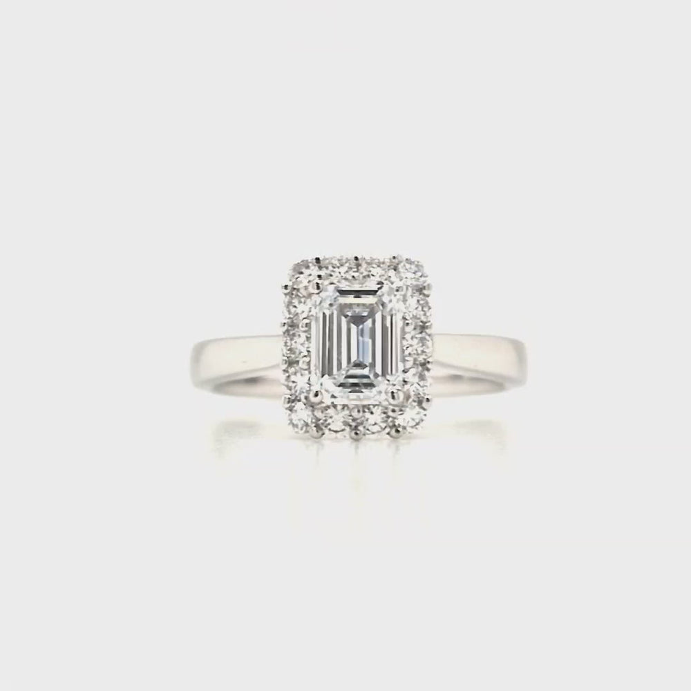 
                
                    Load and play video in Gallery viewer, Platinum Emerald Cut Lab Grown Diamond Engagement Ring- 1.38ct
                
            
