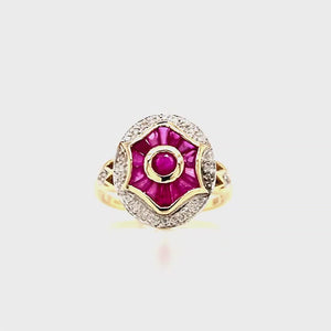 
                
                    Load and play video in Gallery viewer, 9ct Gold Ruby &amp;amp; Diamond Art Deco Style Target Cluster Ring
                
            