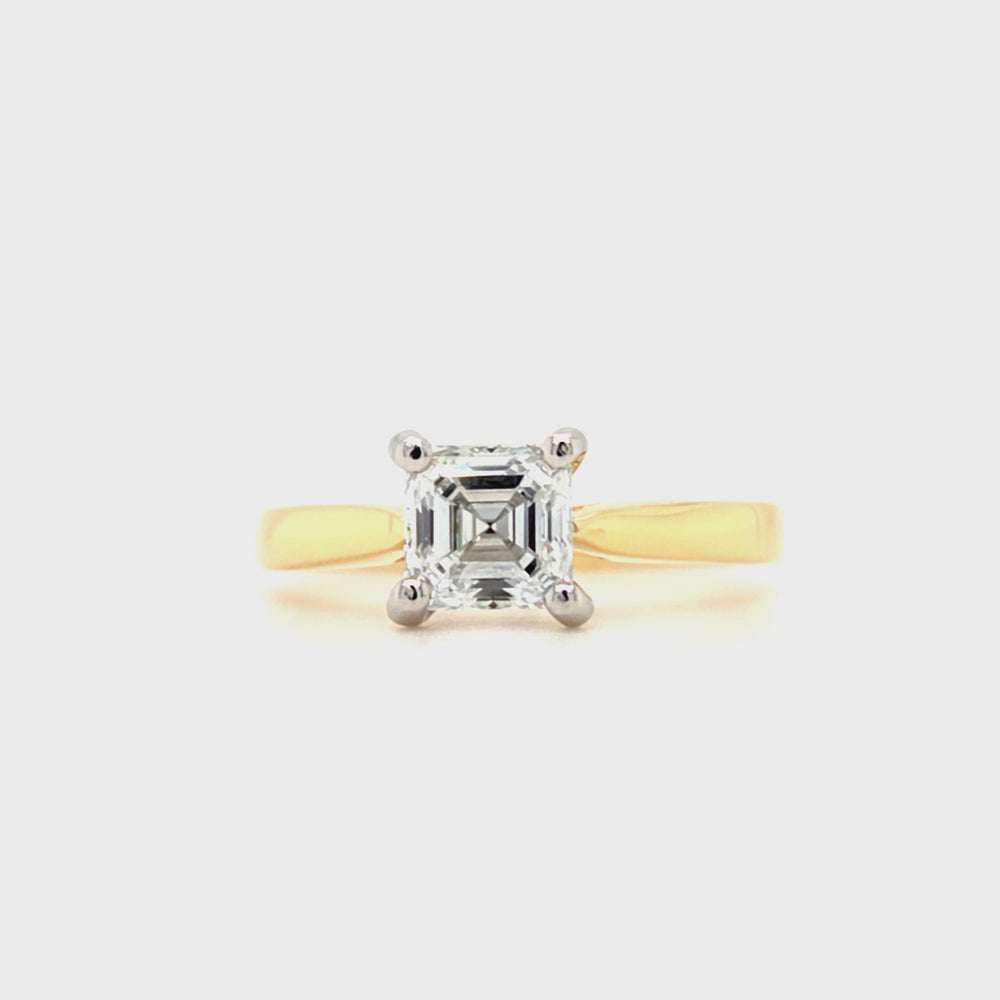 
                
                    Load and play video in Gallery viewer, 18ct Gold &amp;amp; Platinum Asscher-cut Solitaire Diamond Engagement Ring- 1.01ct
                
            