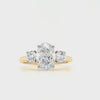 An oval and two brilliant-cut lab grown diamonds each in a four claw platinum setting with a yellow gold tapered shank