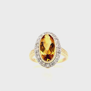 
                
                    Load and play video in Gallery viewer, 9ct Gold Oval Citrine &amp;amp; Diamond Cluster Ring
                
            