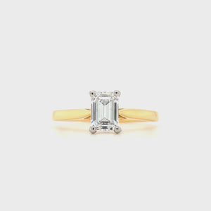 
                
                    Load and play video in Gallery viewer, 18ct yellow gold and platinum emerald-cut diamond solitaire engagement ring, 0.90ct E colour mined diamond, GIA certified, with tapered yellow gold band and platinum claw setting on a white background
                
            