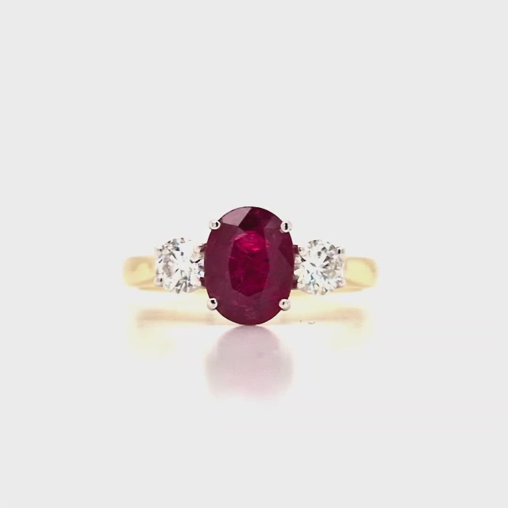 
                
                    Load and play video in Gallery viewer, 18ct Gold Oval Ruby &amp;amp; Diamond Three Stone Ring
                
            