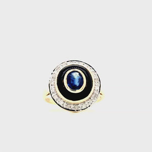 
                
                    Load and play video in Gallery viewer, 9ct Gold Sapphire, Onyx &amp;amp; Diamond Art Deco Style Target Cluster Ring
                
            