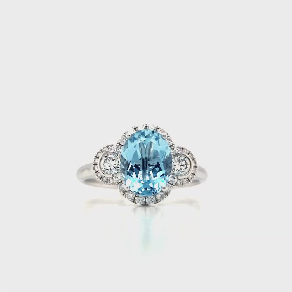 
                
                    Load and play video in Gallery viewer, 18ct White Gold Aquamarine &amp;amp; Diamond Three Stone Cluster Ring
                
            