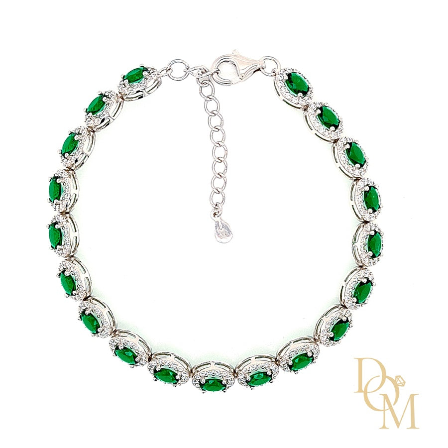 Sterling Silver Oval Emerald CZ Cluster Bracelet