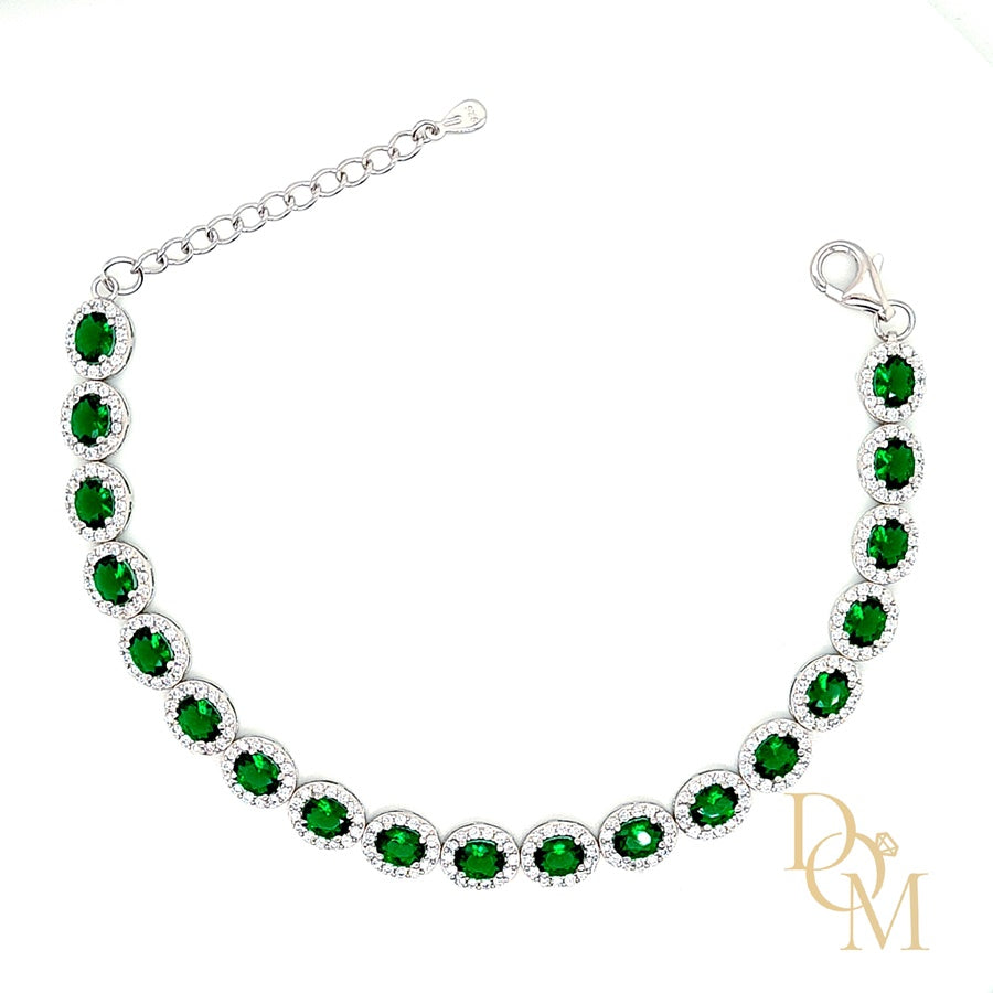 Sterling Silver Oval Emerald CZ Cluster Bracelet
