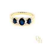 9ct Yellow Gold Three Stone Sapphire & Diamond Ring