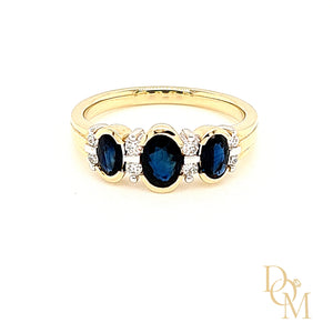 9ct Yellow Gold Three Stone Sapphire & Diamond Ring