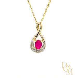 9ct Yellow Gold Oval Ruby & Diamond Twist Pendant