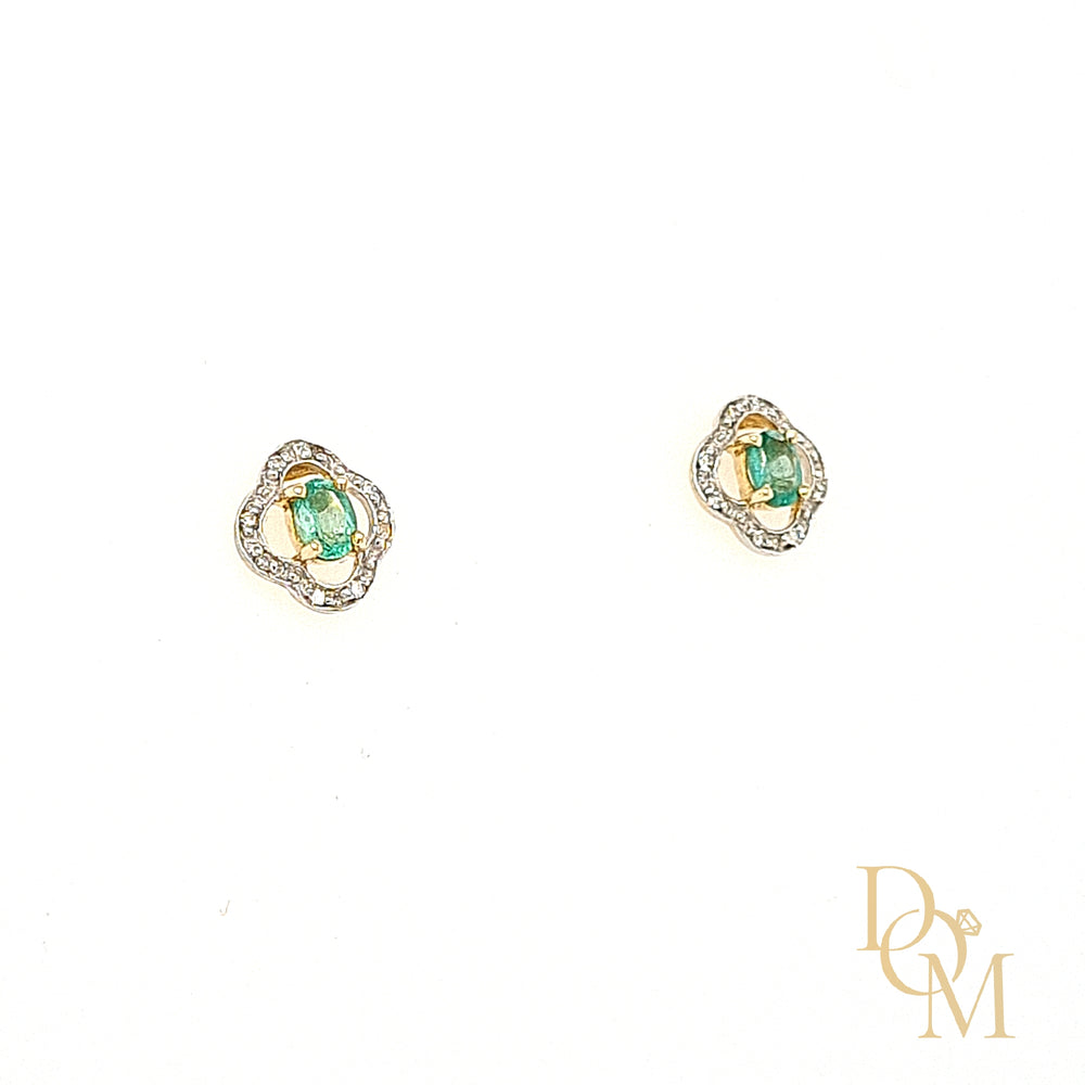 9ct Yellow Gold Emerald & Diamond Cluster Earrings