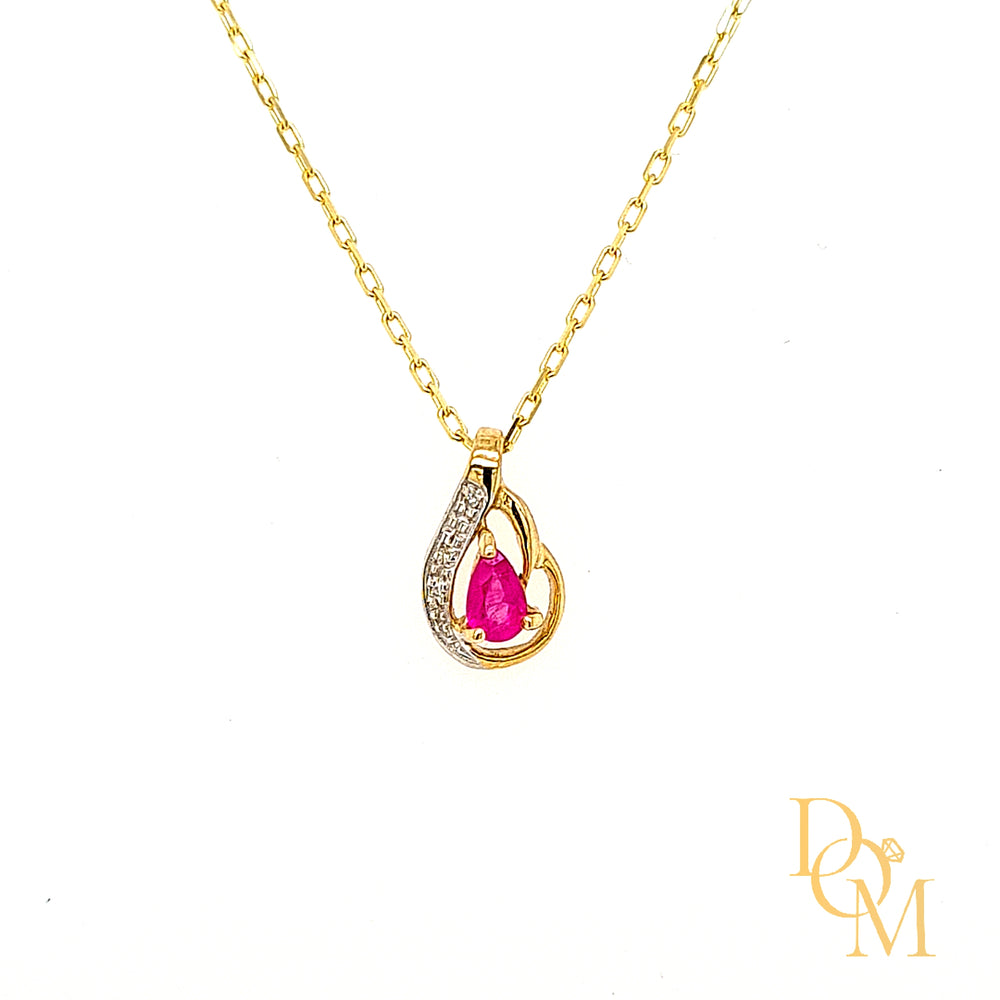9ct Gold Ruby & Diamond Teardrop Pendant