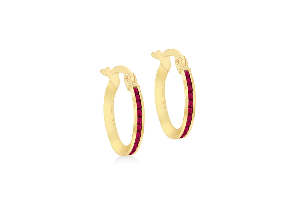 
                
                    Load image into Gallery viewer, 9ct Gold Channel Set Ruby CZ Slim Hoop Earring
                
            