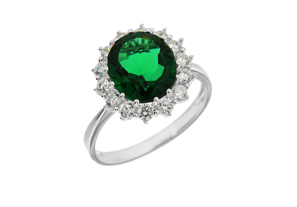 Sterling Silver Oval Emerald Green CZ Cluster Ring