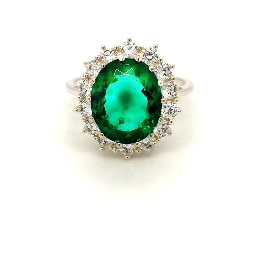 Sterling Silver Oval Emerald Green CZ Cluster Ring - Diana O'Mahony Jewellers