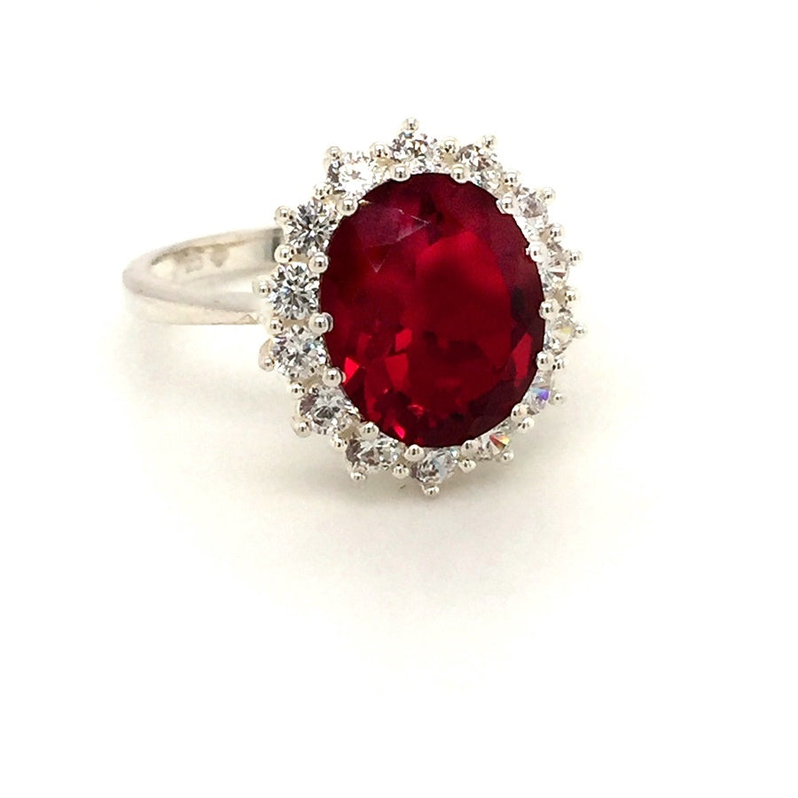 Sterling Silver Oval Ruby Red CZ Cluster Ring - Diana O'Mahony Jewellers