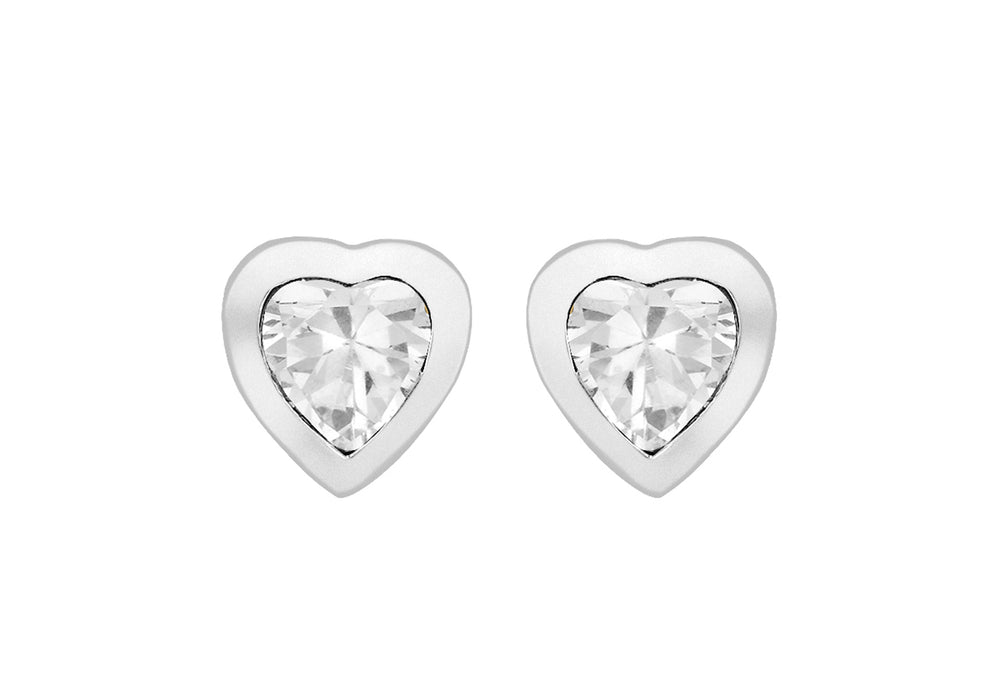 Sterling Silver Rub Over Heart CZ Earrings
