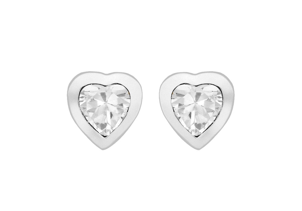 Sterling Silver Rub Over Heart CZ Earrings