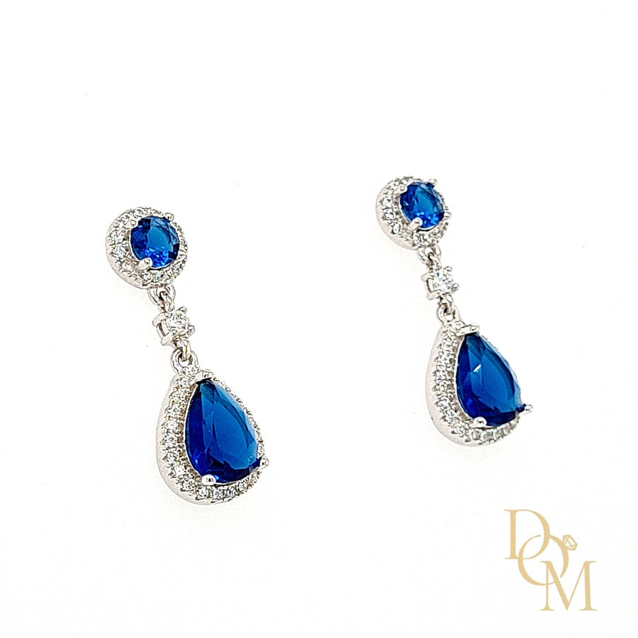 Sterling Silver Double Cluster Sapphire Blue CZ Drop Earrings - Diana O'Mahony Jewellers