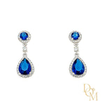 Sterling Silver Double Cluster Sapphire Blue CZ Drop Earrings