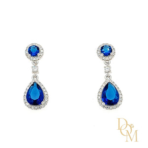 Sterling Silver Double Cluster Sapphire Blue CZ Drop Earrings - Diana O'Mahony Jewellers
