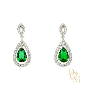 Sterling Silver Emerald Green CZ Cluster Drop Earrings