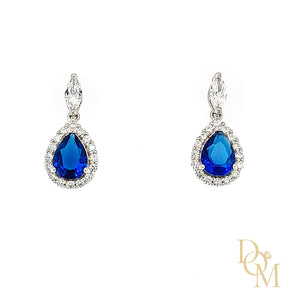 Sterling Silver Sapphire Blue CZ Cluster Drop Earrings