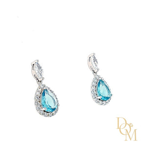 Sterling Silver Aquamarine Blue CZ Cluster Drop Earrings