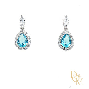 Sterling Silver Aquamarine Blue CZ Cluster Drop Earrings