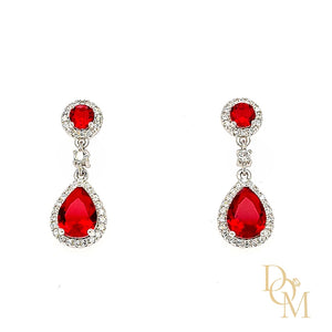 Sterling Silver Ruby Red CZ Cluster Drop Earrings