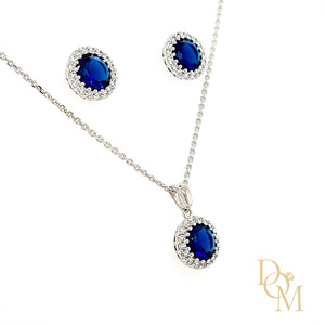 Sterling Silver Sapphire Blue CZ Cluster Pendant & Earrings Set