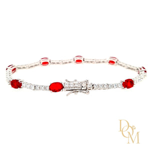 Sterling Silver Tennis Bracelet Set With Oval Ruby CZs