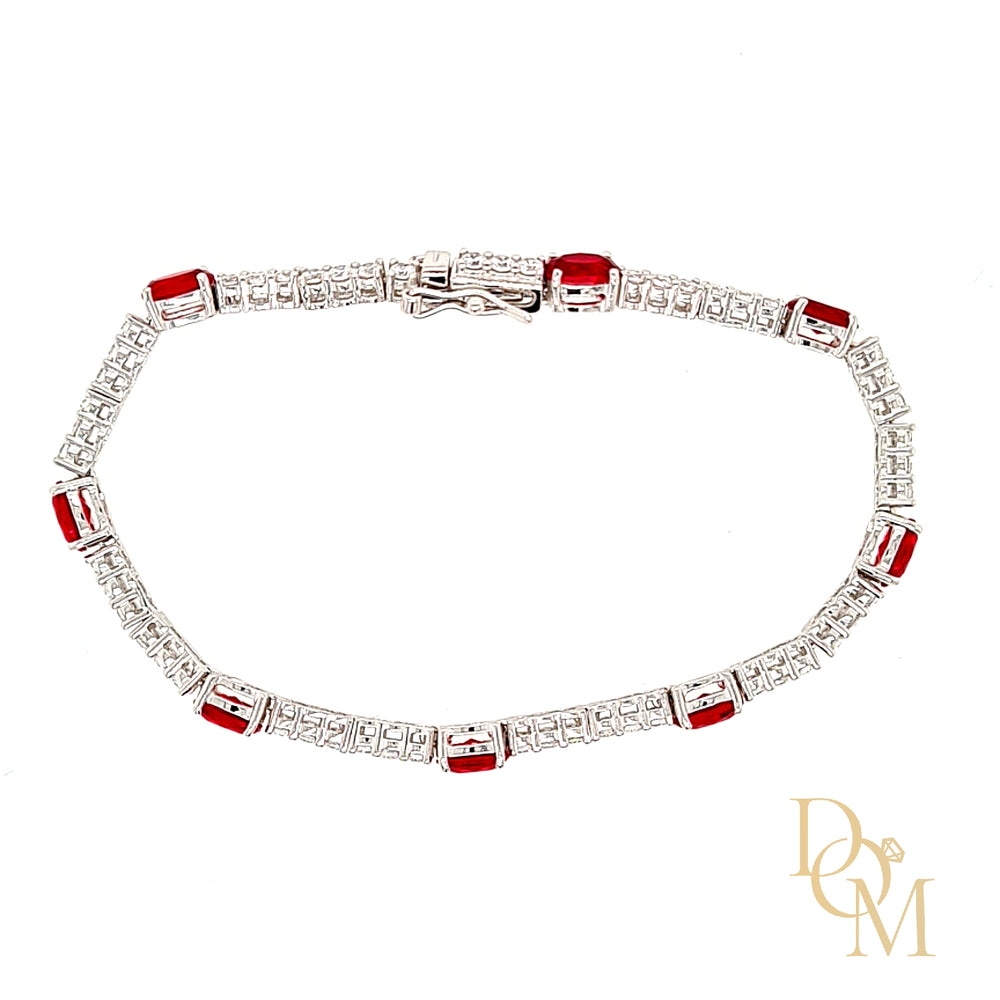 Sterling Silver Tennis Bracelet Set With Oval Ruby CZs