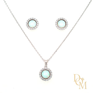 Sterling Silver Opal CZ Cluster Pendant & Earrings Set