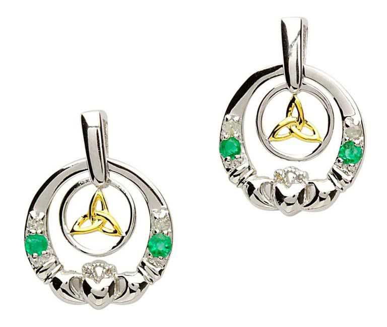 Sterling Silver Emerald & Diamond Trinity Knot Claddagh Earrings by Shanore