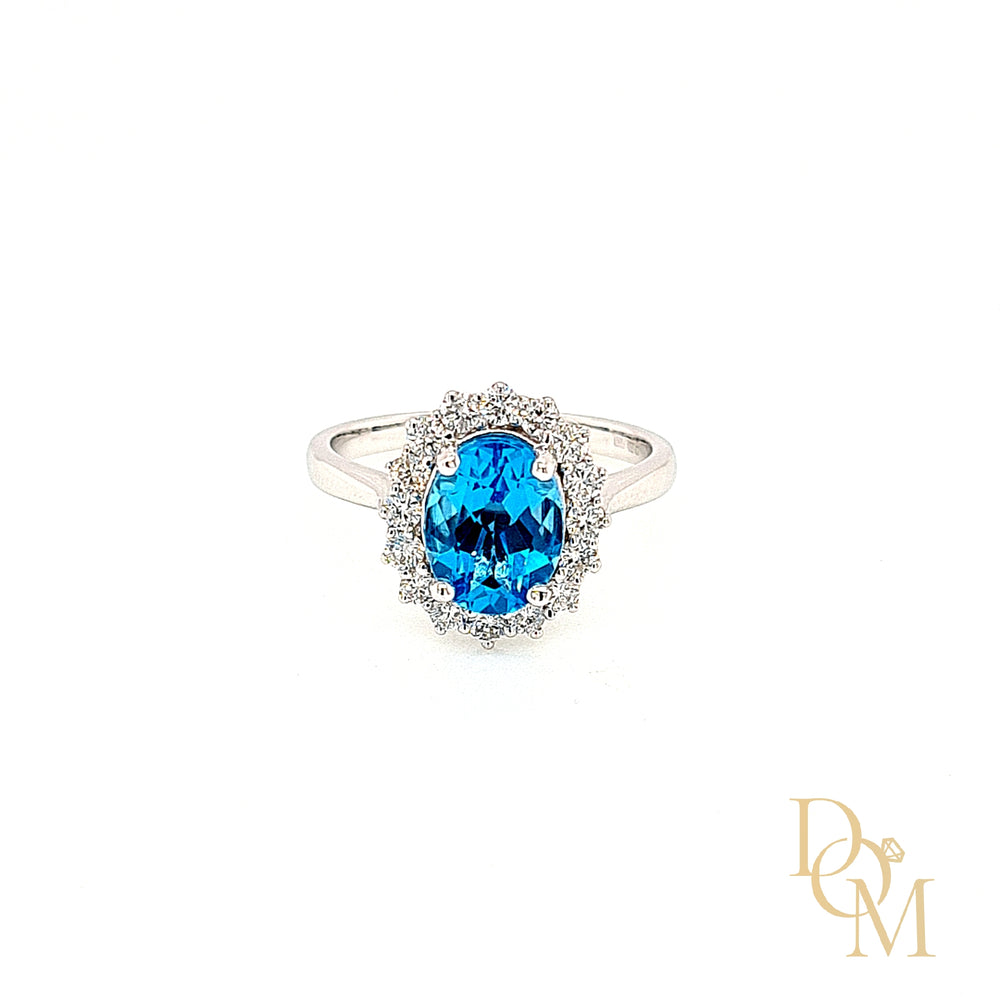 9ct White Gold Oval Blue Topaz & Diamond Cluster Ring