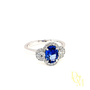 18ct White Gold Sapphire & Diamond Three Stone Halo Cluster Ring