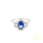 18ct White Gold Sapphire & Diamond Three Stone Halo Cluster Ring