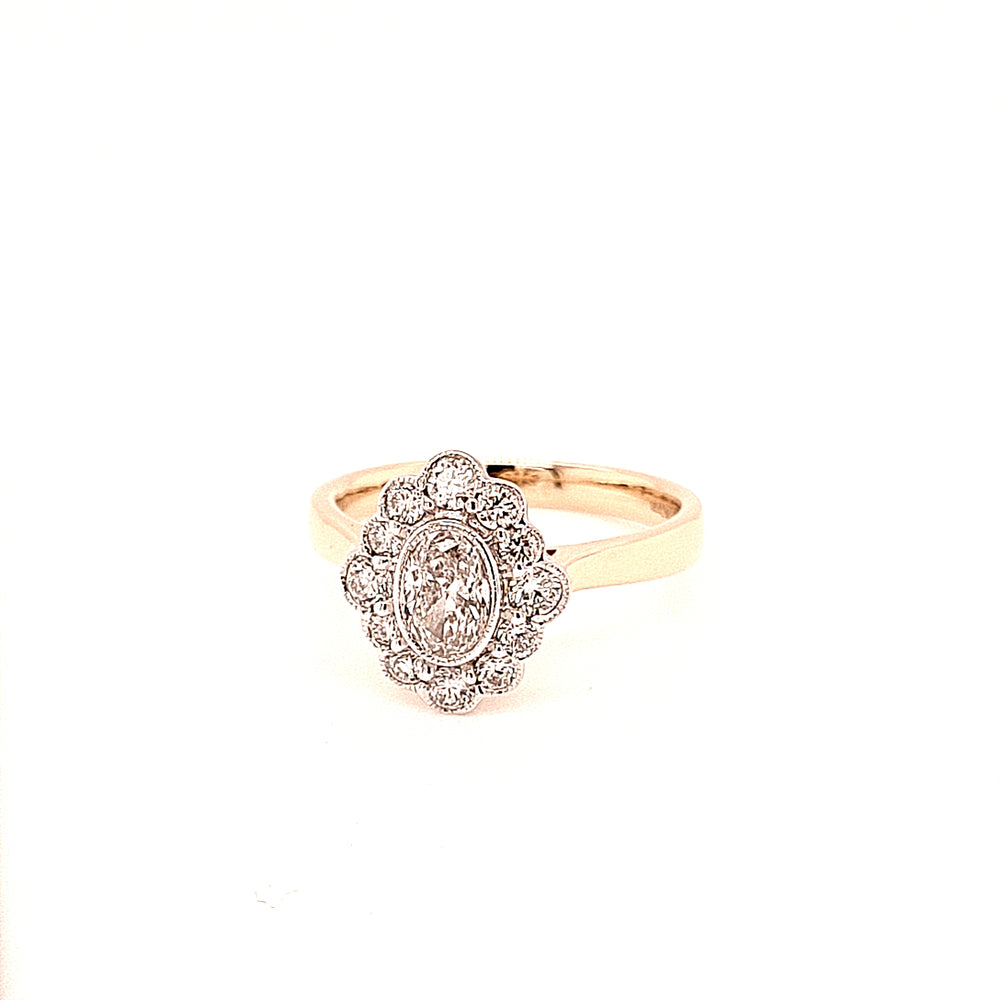 
                
                    Load image into Gallery viewer, 18ct Gold Vintage Style Oval Diamond Daisy Cluster- 0.97ct
                
            