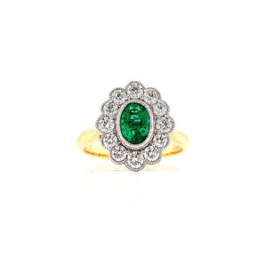 
                
                    Load image into Gallery viewer, Art Deco Style 18ct Gold Emerald &amp;amp; Diamond Daisy Cluster Ring
                
            