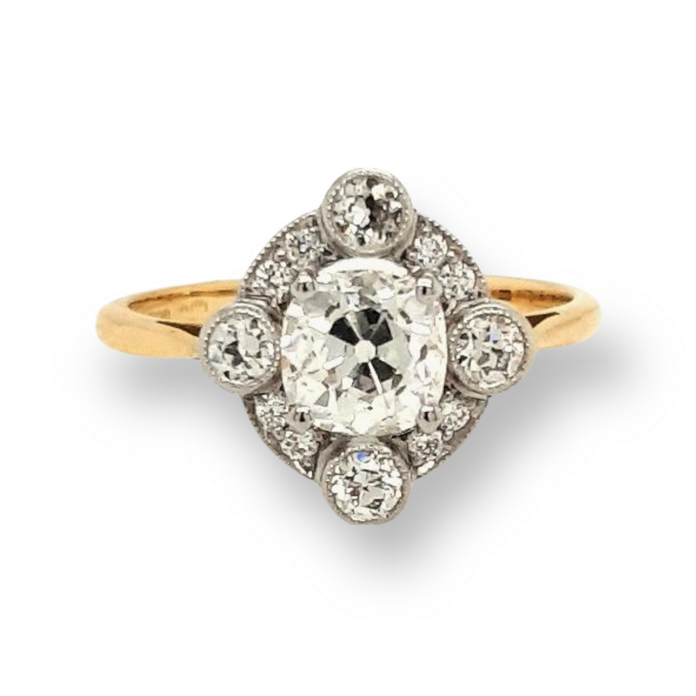 Antique Style Cushion Cut Diamond Cluster Ring- 1.40ct