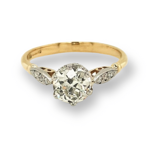 Antique Style Solitaire Diamond Engagement Ring with Diamond Shoulders- 1.14ct