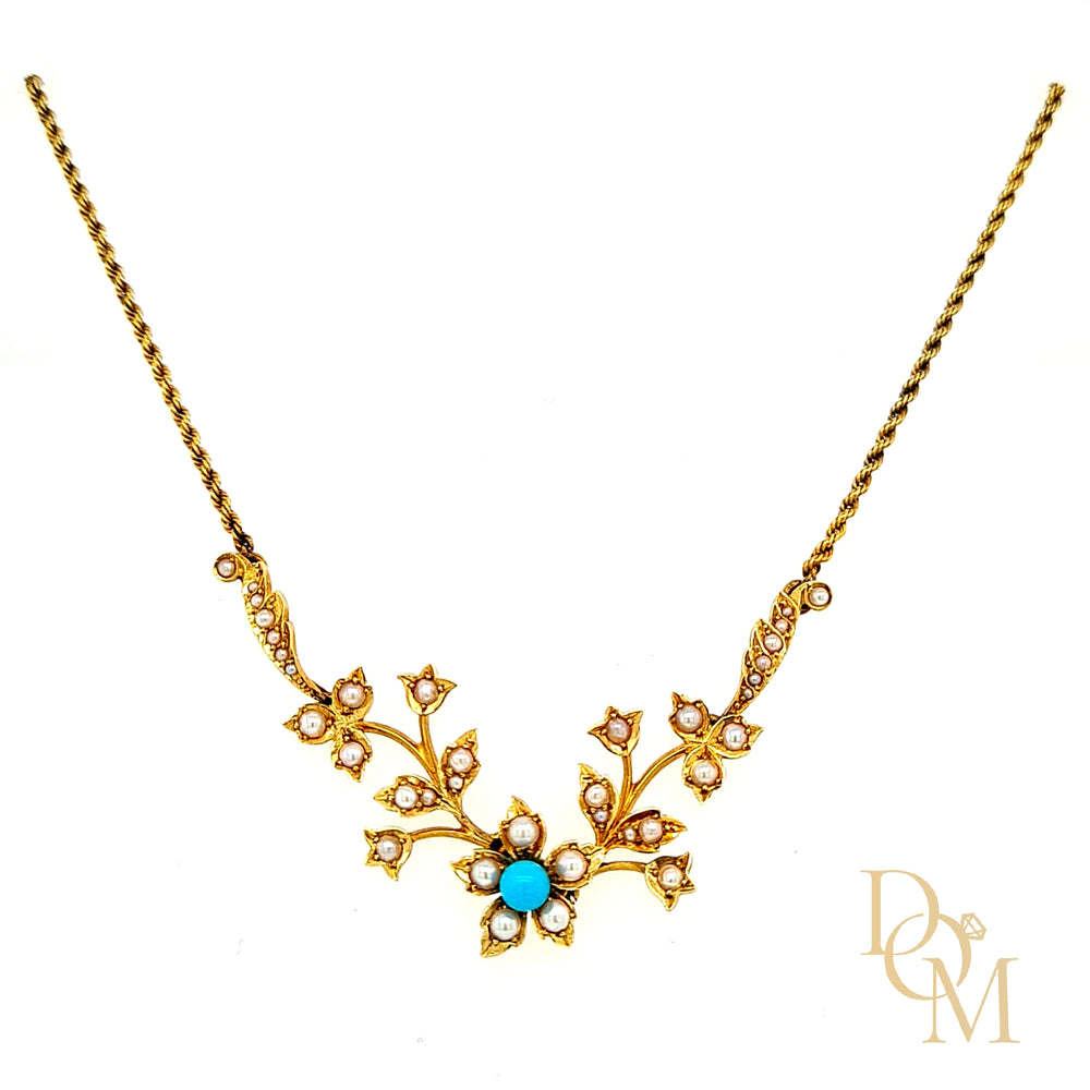 Victorian 15ct Gold Turquoise & Pearl Necklace