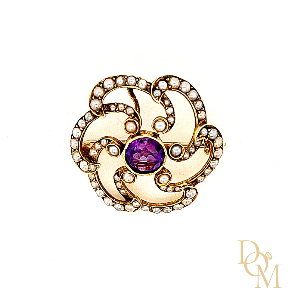 Antique 15ct Gold Amethyst & Pearl Art Nouveau Brooch