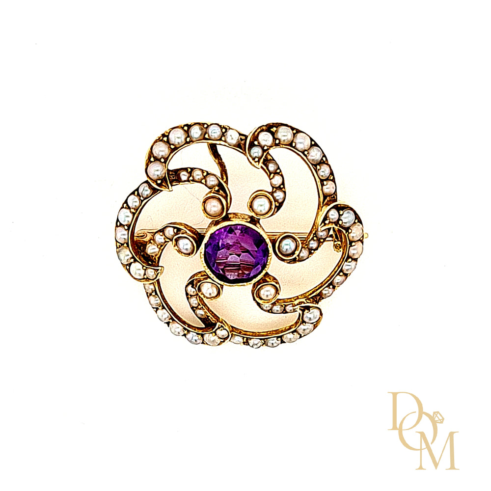 
                
                    Load image into Gallery viewer, Antique 15ct Gold Amethyst &amp;amp; Pearl Art Nouveau Brooch
                
            