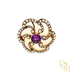 Antique 15ct Gold Amethyst & Pearl Art Nouveau Brooch