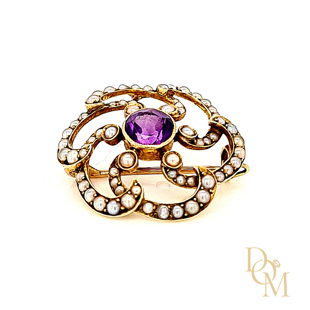 Antique 15ct Gold Amethyst & Pearl Art Nouveau Brooch