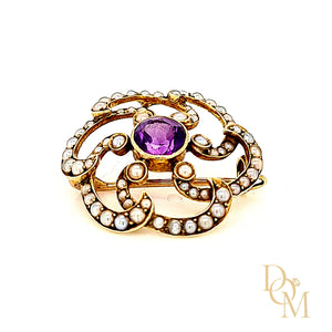 Antique 15ct Gold Amethyst & Pearl Art Nouveau Brooch