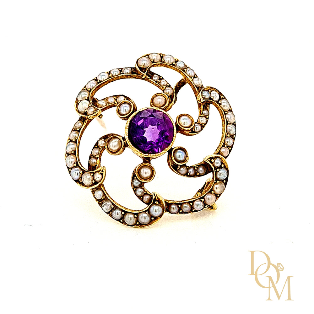 Antique 15ct Gold Amethyst & Pearl Art Nouveau Brooch